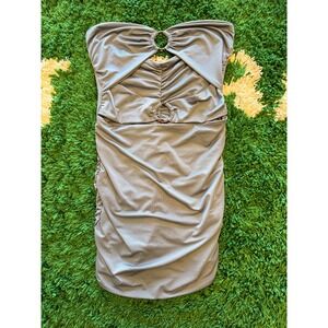 Effordram Tube Top Womens L Gray Excellent Ruched O-Ring Cut Out Strapless